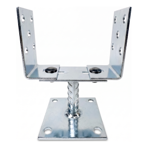 Pied de poteau réglable à platine (avec tôle) 0–125 mm – tôle 3 mm, zingage argenté