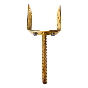 Pied de poteau réglable à sceller (avec tige) 0–125 mm – tige 190 mm, tôle 3 mm, galvanisé doré