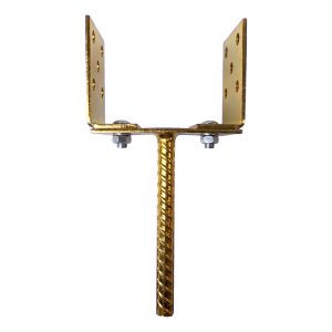 Pied de poteau réglable à sceller (avec tige) 0–165 mm – tige 190 mm, tôle 3 mm, zingué doré