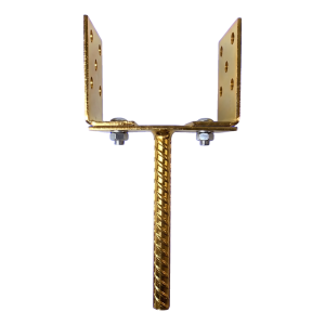 Pied de poteau réglable à sceller (avec tige) 0–165 mm – tige 190 mm, tôle 4 mm, zingage doré