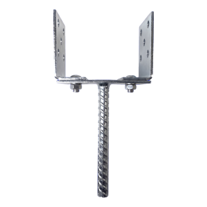 Pied de poteau réglable à sceller (avec tige) 0–125 mm – tige 190 mm, tôle 3 mm, zingué argenté
