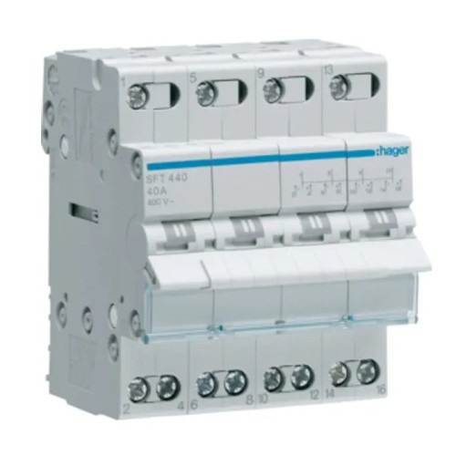 Hager Installation interrupteur modulaire I-0-II (1-0-2) point commun par le haut 4P 40A 400VAC GPV-401-68
